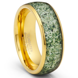 Authentic Gold Plated Tungsten Carbide Ring Mens Wedding Band Moss Agate Inlay 8MM
