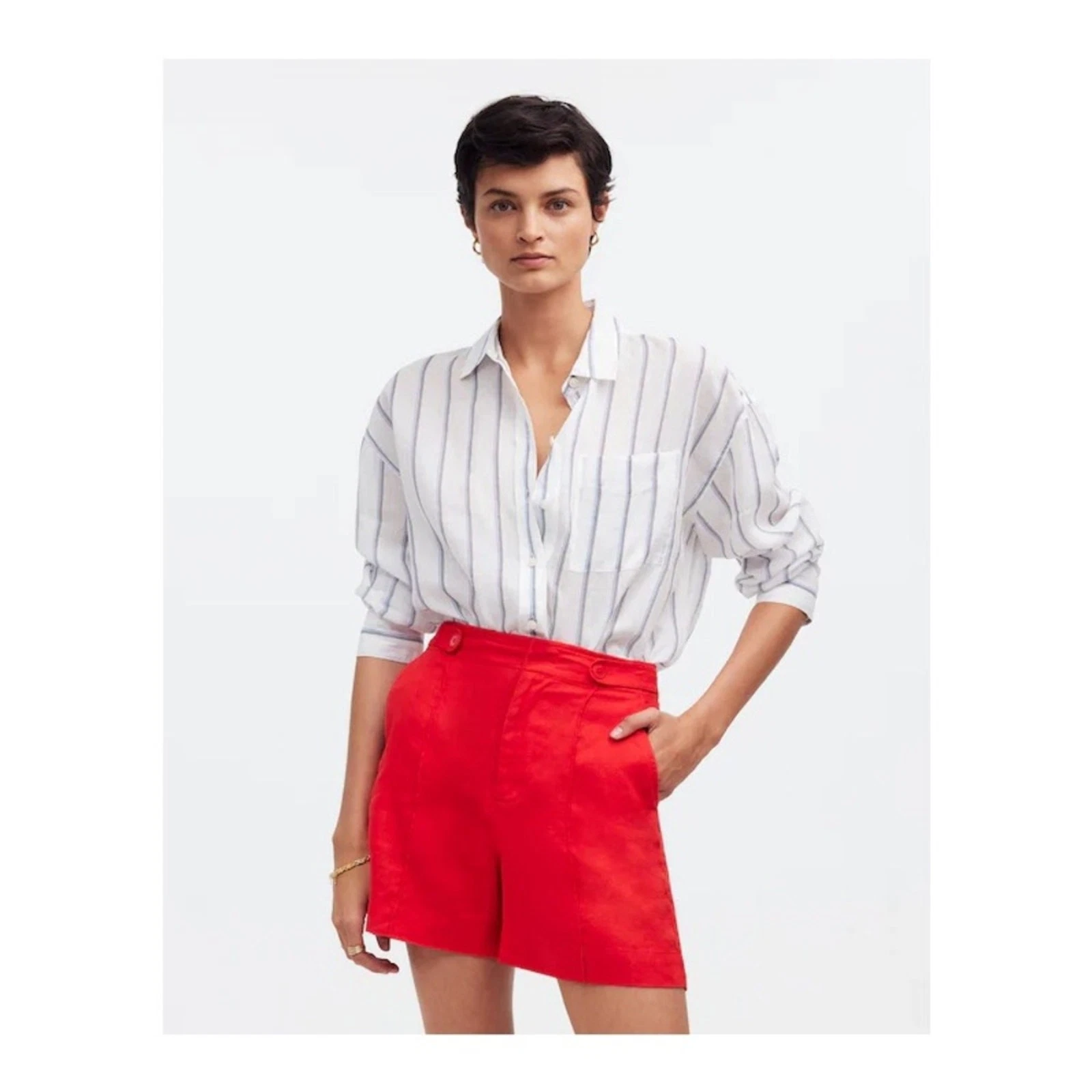 NWT Madewell Clean Button-Tab Shorts in 100% Linen Red N0408 Size 2-4