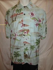 Hilo Hattie Men's Hawaiian Shirt Rayon Large Green Made in USA