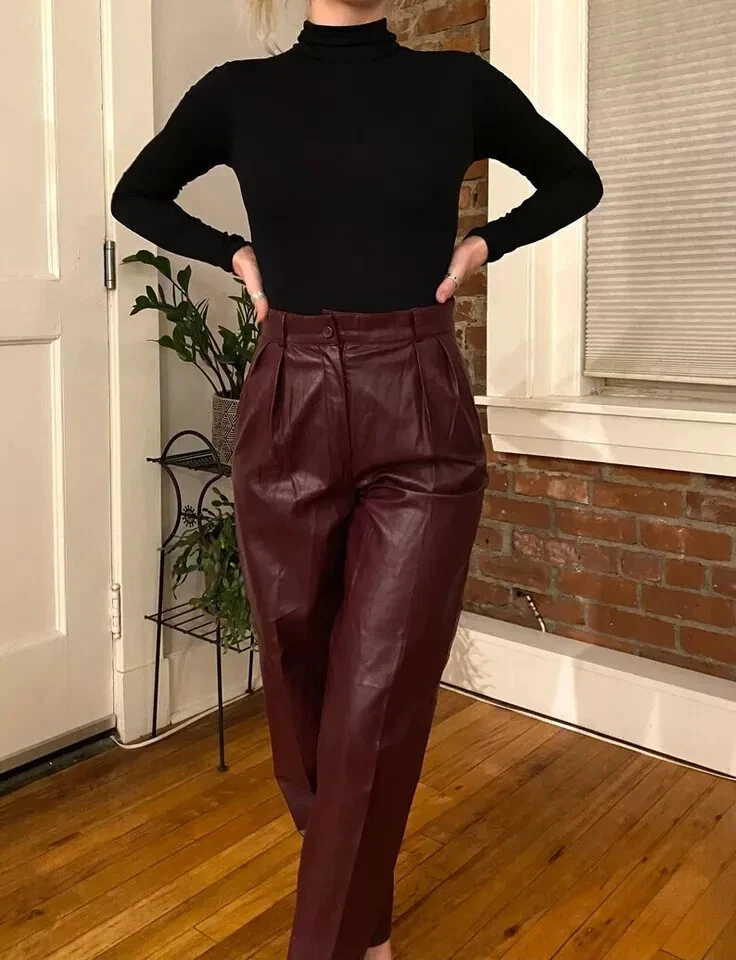 Nuevo Pantalón Mujer Borgoña Hecho a Mano Piel de Cordero Cuero Genuino Elegante De Moda Foto 4 de 4