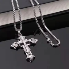 Large cross unisex design titanium steel silver simulated diamonds 28'' chain