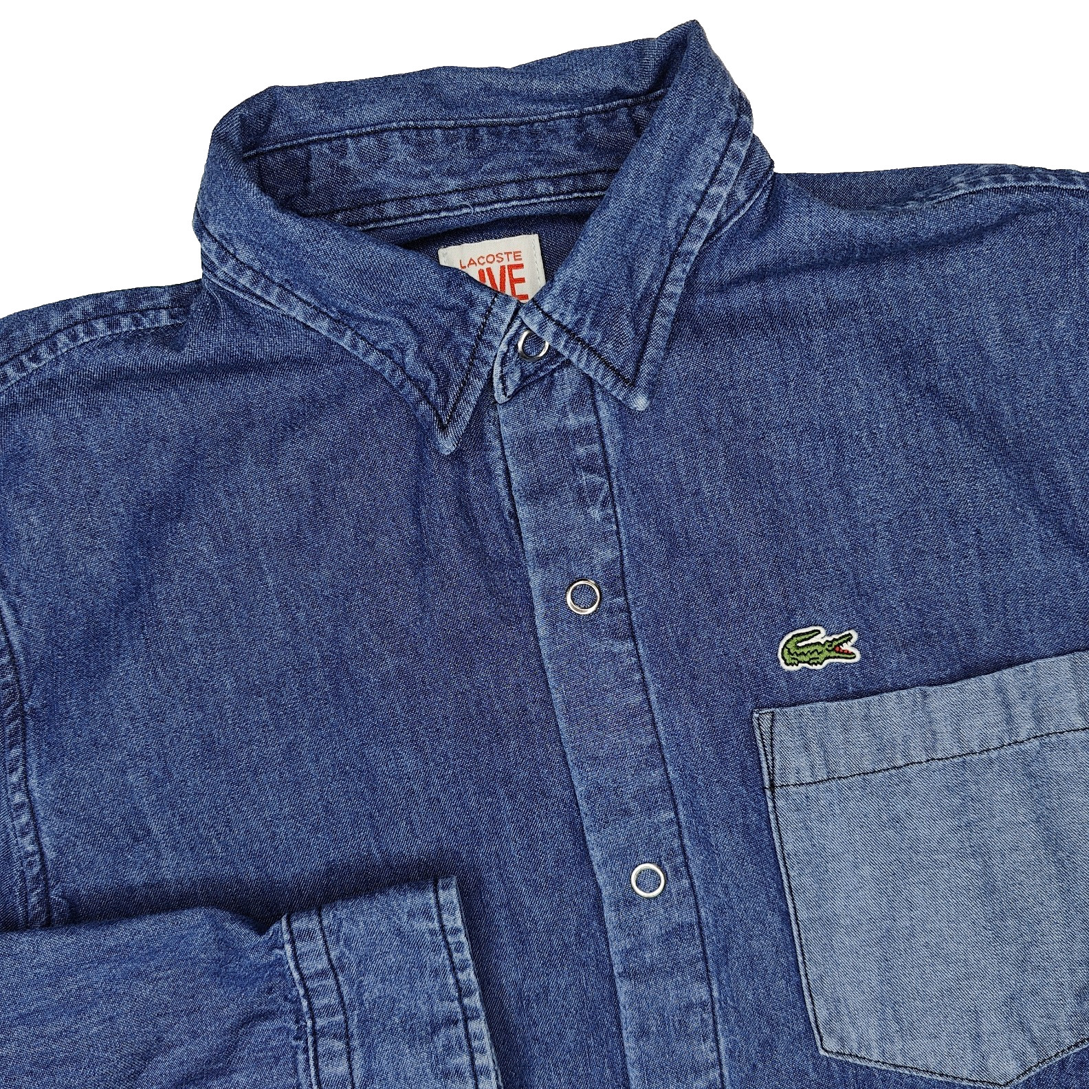 Lacoste Live Mens Size 38 (XS) Jeans Shirts Blue Denim Logo Snap Buttons
