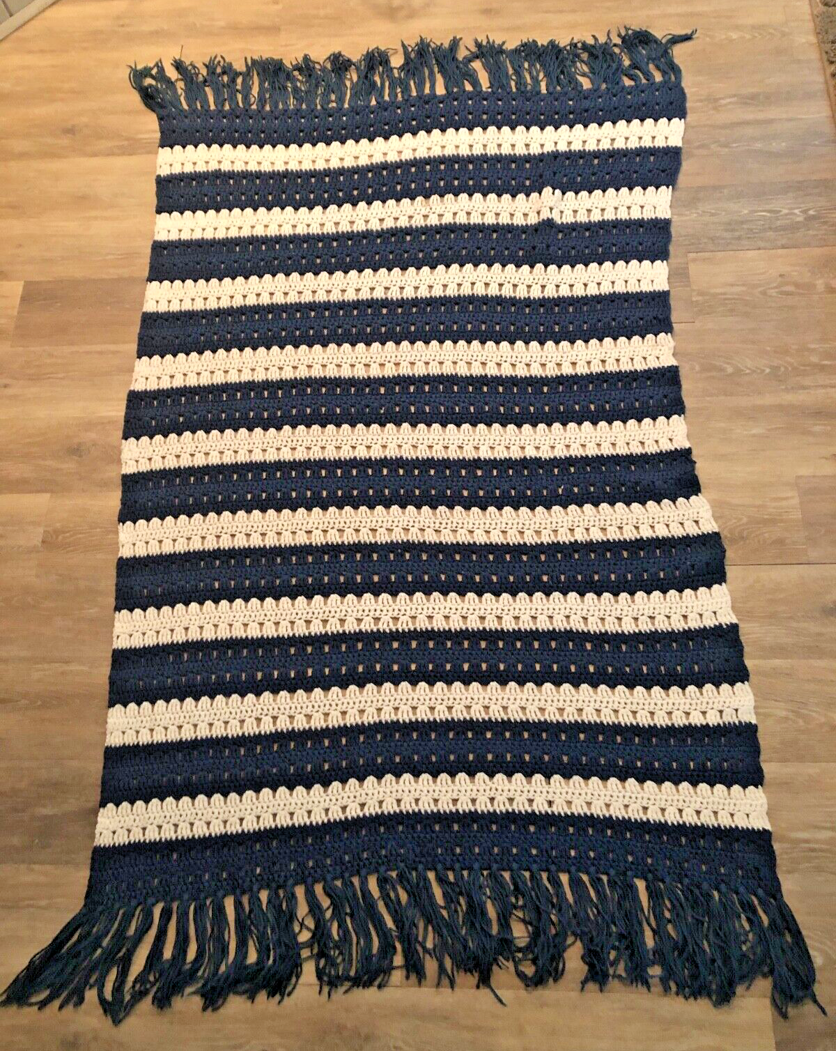 Handmade Navy & White Crochet Blanket with Fringe 42x58 Cozy Throw