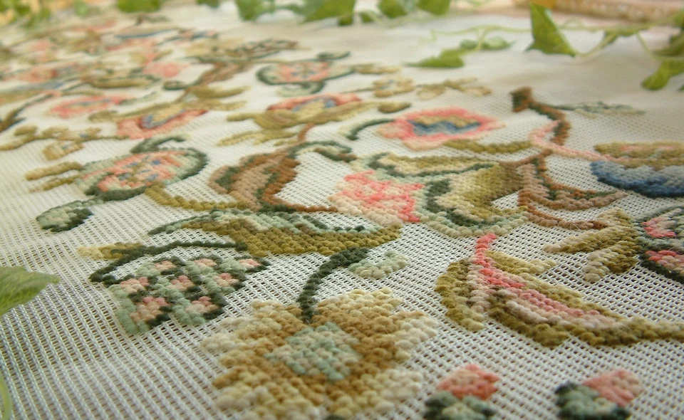 Huge Antique Vintage Full Blooming Jacobean Floral Preworked Needlepoint Canvas - Image 2 of 4