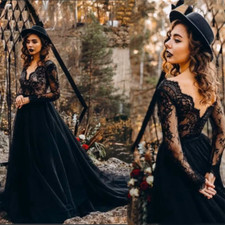 Gothic Black Wedding Dresses V Neck Lace Long Sleeves Bridal Gowns Button Back