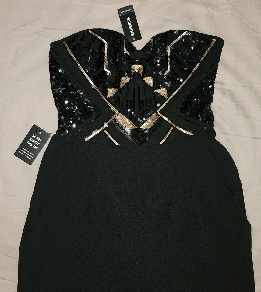 NUEVO MONO EXPRESS NEGRO LENTEJUELAS GEOMÉTRICO SIN TIRANTES SWEETHEART TALLA 2 Foto 3 de 4