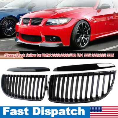 For BMW E90 E91 328i 330i 335i Pre-LCI 2005-08 Gloss Black Front Bumper Grille
