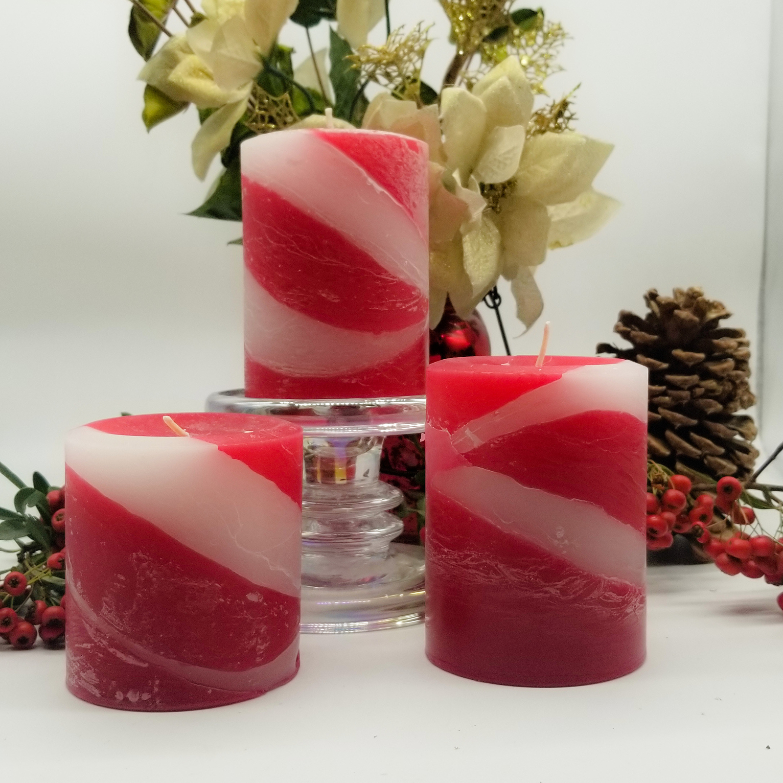 Red and White Pillar Candle, Rustic Layered, Scented Christmas Candle