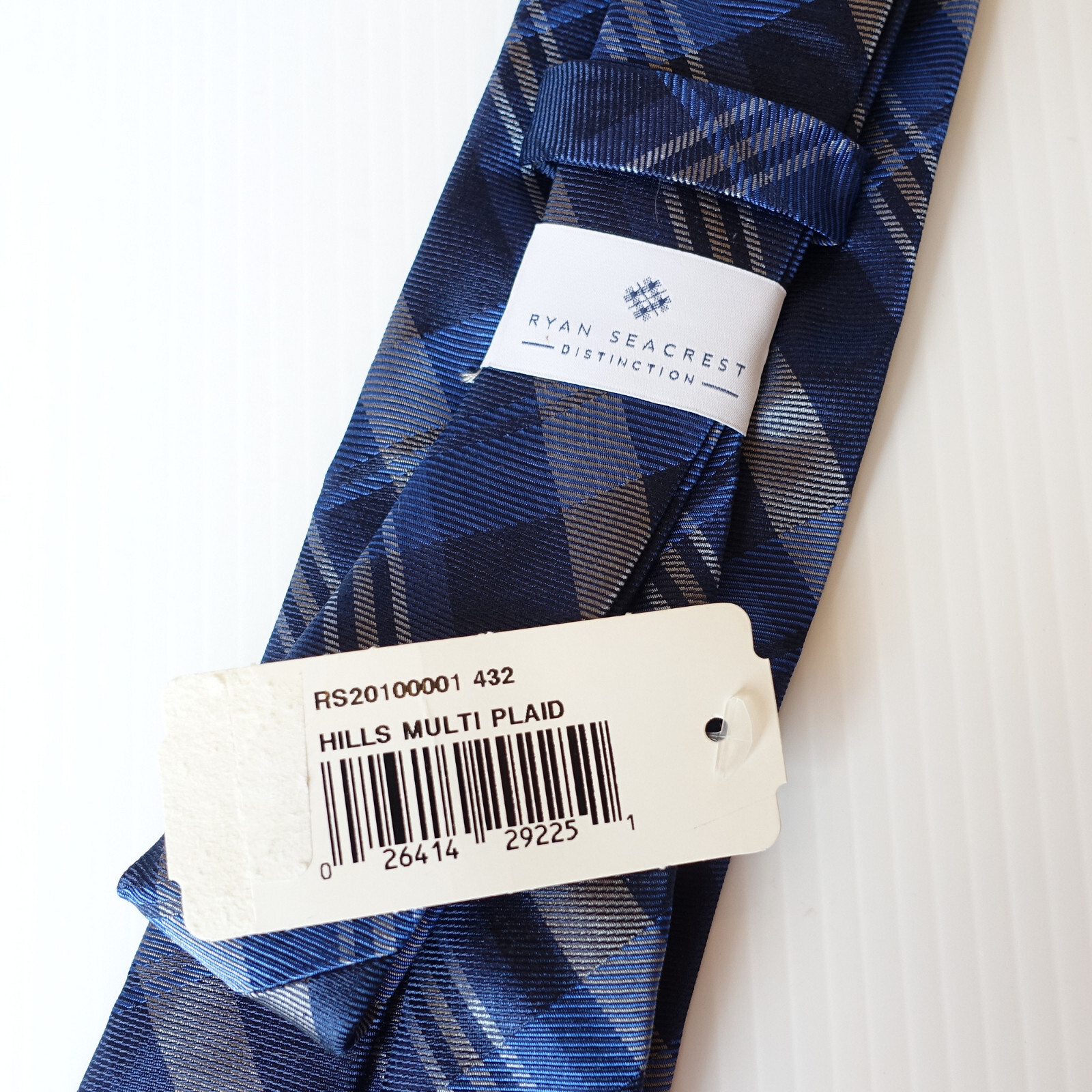 RYAN SEACREST DISTINCTION Blue Silver Gray Hills Multi Plaid Silk Slim Tie