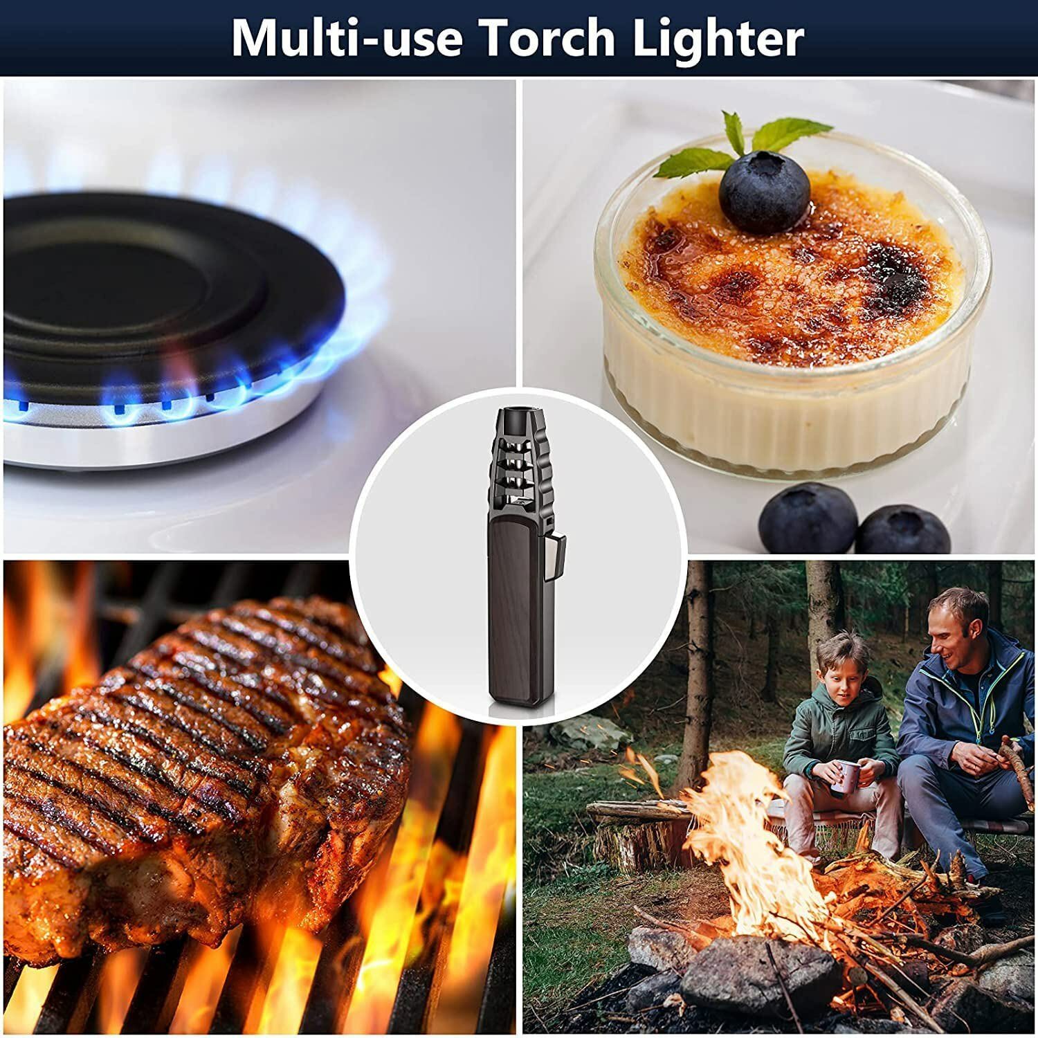 Refillable Butane Torch Lighter Windproof Flame Kitchen Lighter w/ Safety Lock