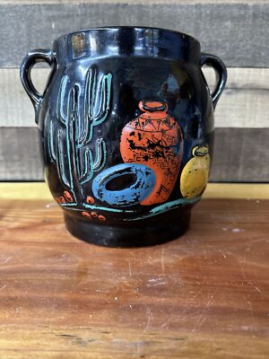 Vintage Black Stoneware Crock Canister Cookie Jar South Western Mexican Pottery