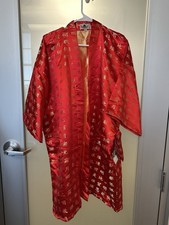 NWT 100 silk kimono , robe, vintage , Red gold, Chinese characters, w/ Belt XL