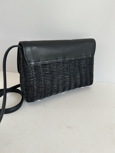 TALBOTS WICKER Rattan AND LEATHER PURSE Bag Black Elegant Quality - Picture 6 of 8