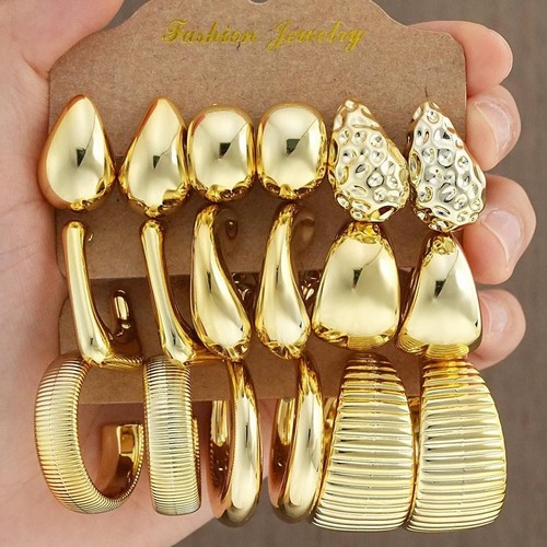 Geometric Drop Earrings 9 Piece Set Irregular Teardrop Shape Gold Color - Picture 2 of 10
