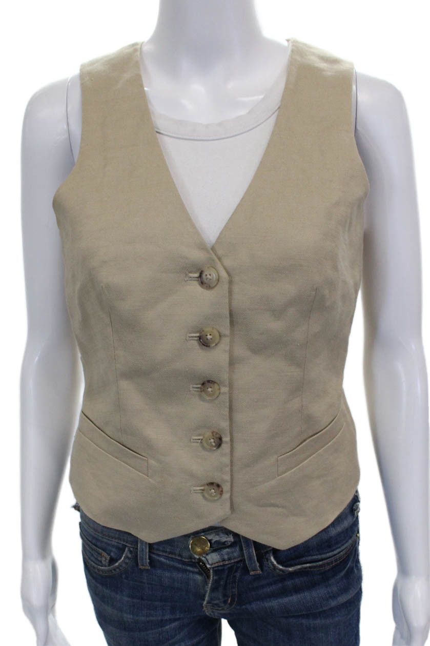 J Crew Women Beige Linen Blend V-Neck Button Vest Size 2Free Shipping in US $100+ Orders | $6.95 Orders Below
