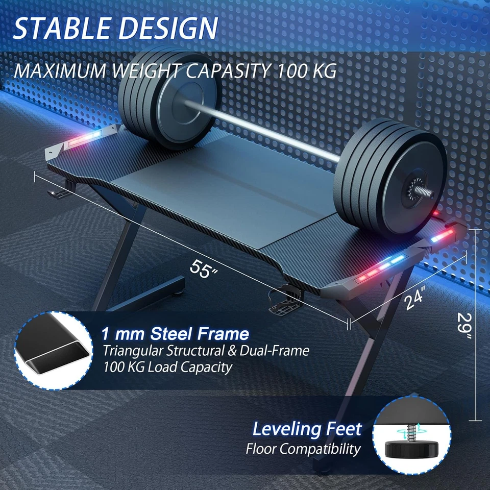 55 inch Gaming Desk with LED RGB Ergonomic Computer Table Gamer Desk - Image 3 of 4
