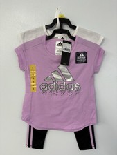 adidas Girls 3-Piece Outfit Set Size 5 Purple White Black T-Shirt Top Leggings