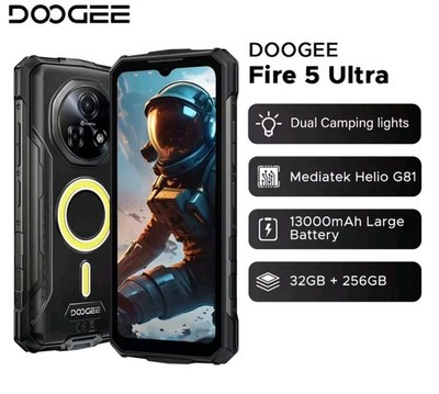 DOOGEE Fire 5 Ultra Rugged Phone Android 15 32G/256G 6.6'' 13000mAh NFC Dual LED 