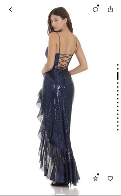 LUCY IN THE SKY Sequined Mermaid Dress Navy Blue Cowl Neck Lace Up Backless  S | eBay
