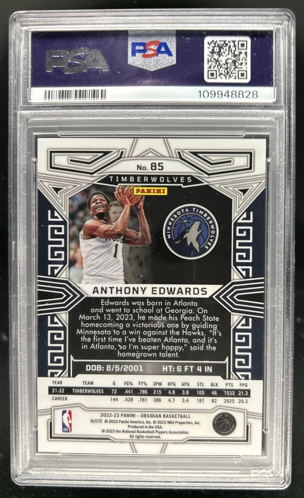 2022-23 Panini Obsidian Anthony Edwards Electric Etch Neon Flood #85 PSA 10 view 2