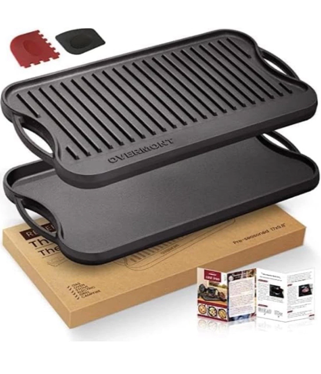 OVERMONT Cast Iron Reversible Griddle Grill Pan with Handles for Gas