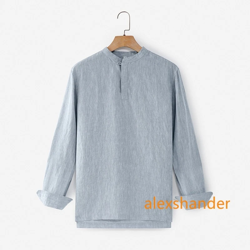 New Mens Linen Shirt Stand Collar Long Sleeved Shirt Loose Breathable Casual Top