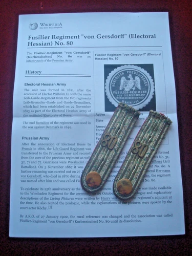 WW1 MILITARY GERMAN EPAULETTES 80th FUSILIER REGT VON GERSDORFF