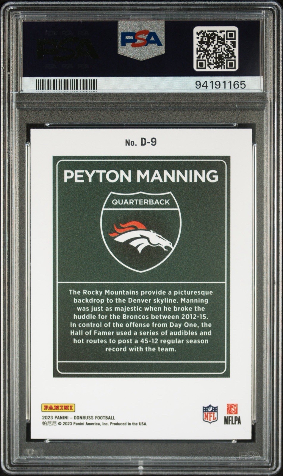 2023 Panini Donruss Peyton Manning Downtown Denver Broncos #9 PSA 10 Gem Mint view 2