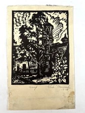 Kirk Merrick 1928 Signed Woodcut Church Tower Antique Woodblock Print 7x5.5 Art