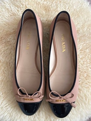 PRADA Flache Schuhe Pumps Logo EU 35 US 5 Pink Beige Schwarz Authentic