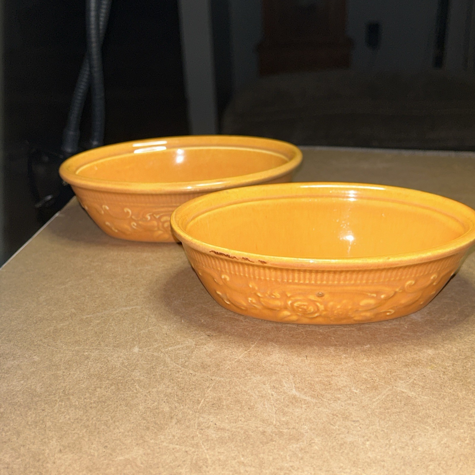 2 Vintage Orange Genuine Oven Serve Ware Oval Bowl Embossed Floral USA 6.25