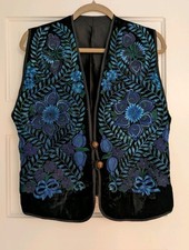 Guatemalan Embroidered Huipil Vest Blue Green Purple Floral Velvet W Buttons