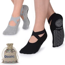 Ozaiic Yoga Socks for Women Non-Slip Grips & Straps, One Size, 2p- Black/Gray 