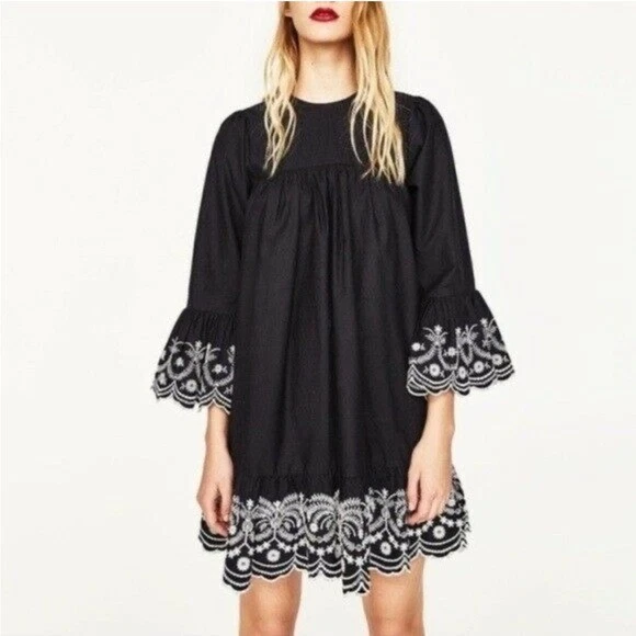 Zara Black & White floral Embroidered Dress Sz M 3/4 bell sleeve | eBay Zara Black & White floral Embroidered Dress Sz M 3/4 bell sleeve | eBay
