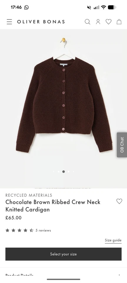 Oliver Bonas Chocolate Brown Ribbed Crew Neck Cardi Size 12 Sealed Brand + Tags - Image 4 of 4