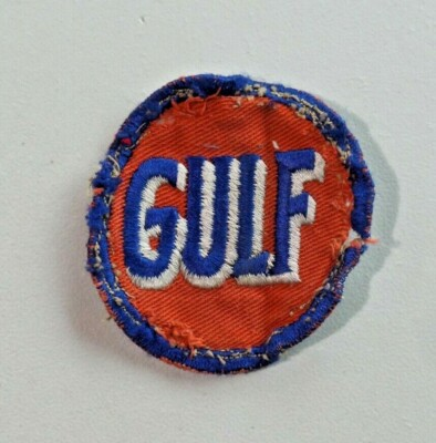 #ad Vintage GULF Oil Automobilia Patch Used Round Orange Background Rare Old A358 $11.21