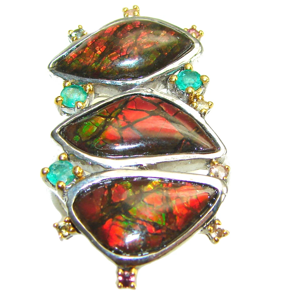 加拿大 Ammolite 纯银戒指 手工制作 椭圆形 925 尺寸:8 宝石 — 第 3/4 张图片