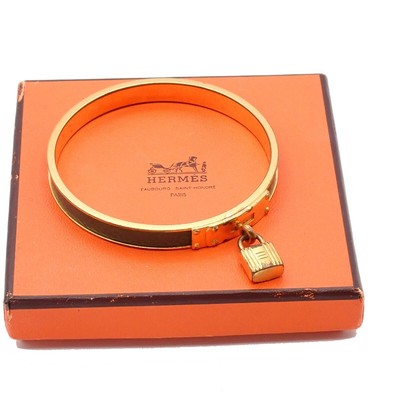 HERMES Logo Kelly Charm Bangle Bracelet Leather Green Gold Accessory 62EF223