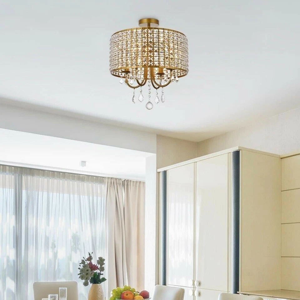 Chandelier Flush Mount Light Fixture Round Shade with Crystals Brass Dining Room - Image 3 of 4