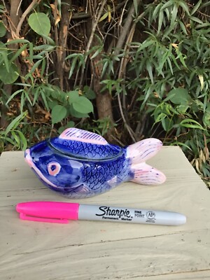 Vintage Porcelain Hand Painted ''Sacred Fish'' Figural Trinket Box Blue Koi  5 L