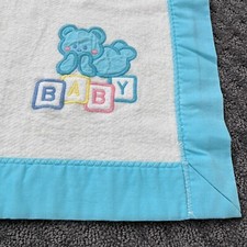 Vtg Cuddle Time Baby Blanket Soft Blue Acrylic Trim Embroidered Pastel Bear ABC