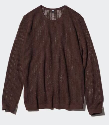 🏮NWT UNIQLO Women Lace Crew Neck Knit Brown Long-Sleeve Mesh Sheer Sweater-XS