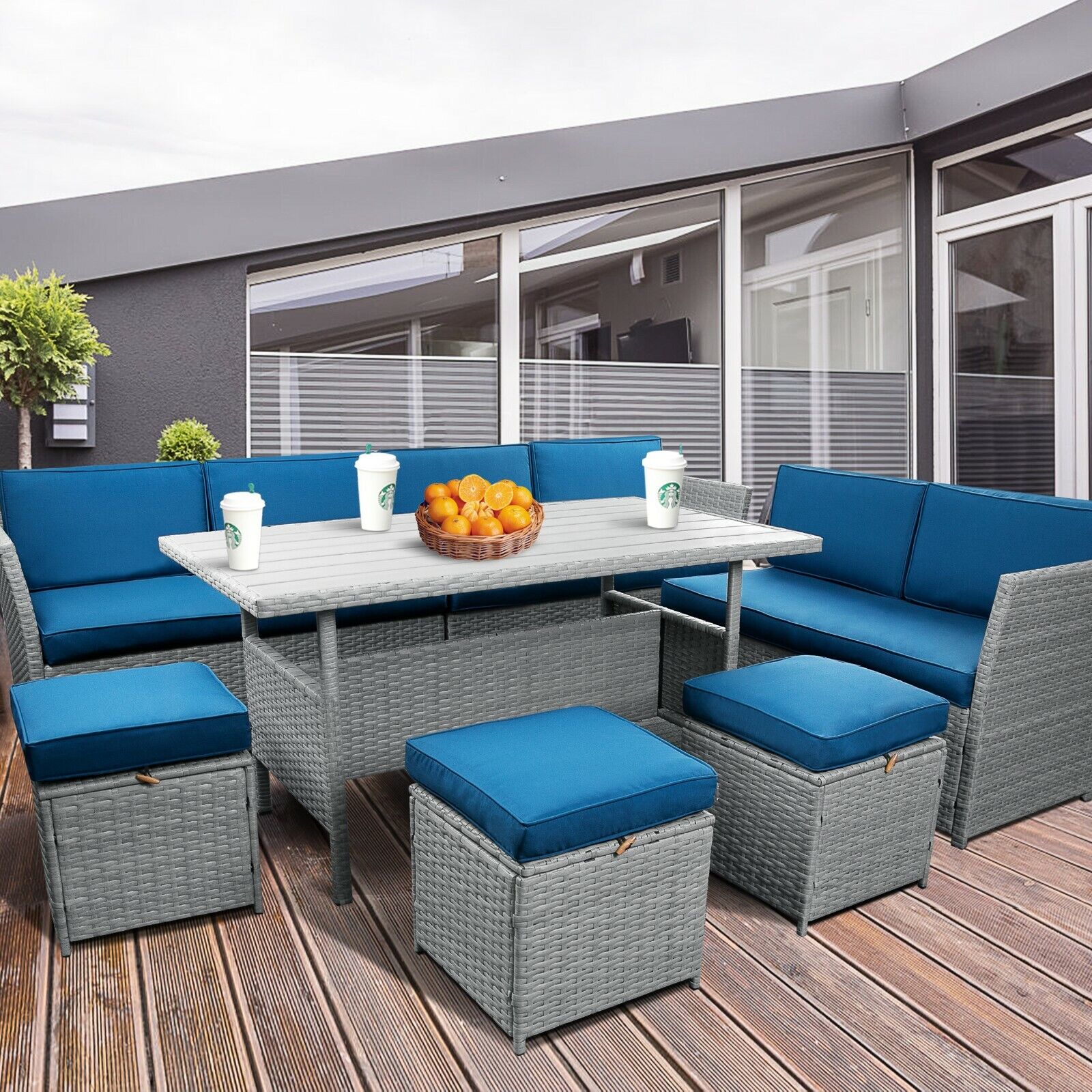 7Pcs Outdoor Furniture Set Patio Wicker Rattan 9-Seating Group Set with Table