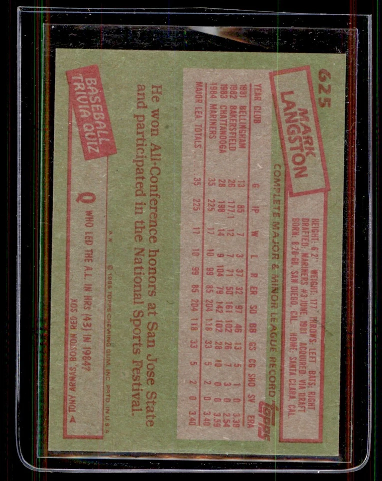 1985 Topps #625 Mark Langston Rookie - Image 2 of 2