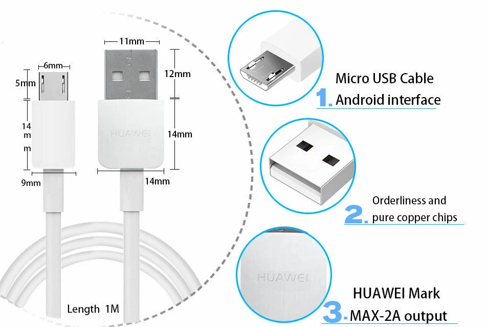 Cable de datos Micro USB 2.0 original Huawei carga rápida para Honor 6 7, Y6 P8 lite Foto 3 de 4