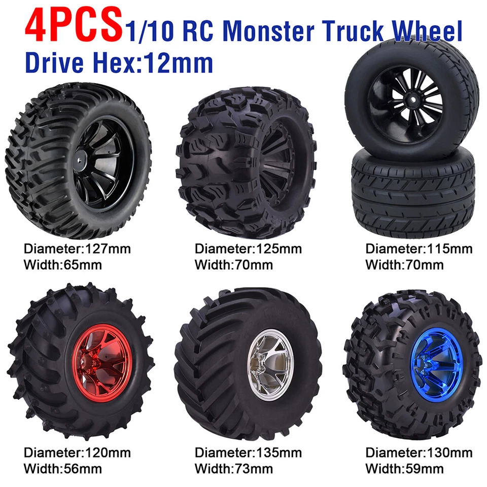 4 x 12mm Tires Hub Räder Reifen Tyre für 1/10 Monster Truck Traxxas Scx10 Buggy - Bild 2 von 4