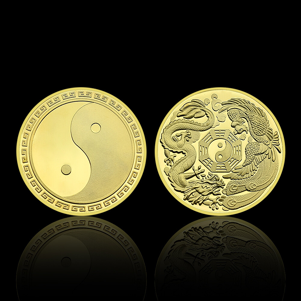 希商品中財黄金MADE BY YIN Q I アンティーク金属工芸コレクション Chinese Gold Coin Dragon and Phoenix Tai Chi Kung Fu