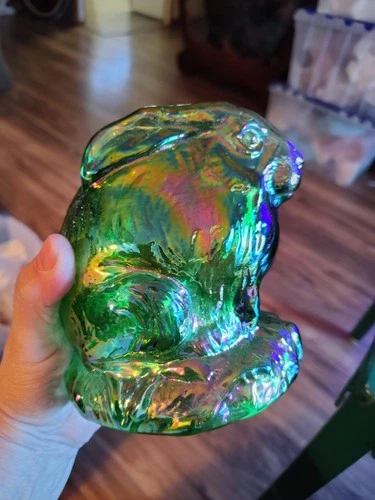 Fenton Green Carnival Glass Large Hollow Bunny  Signed/Dated 1977 #137/ 252