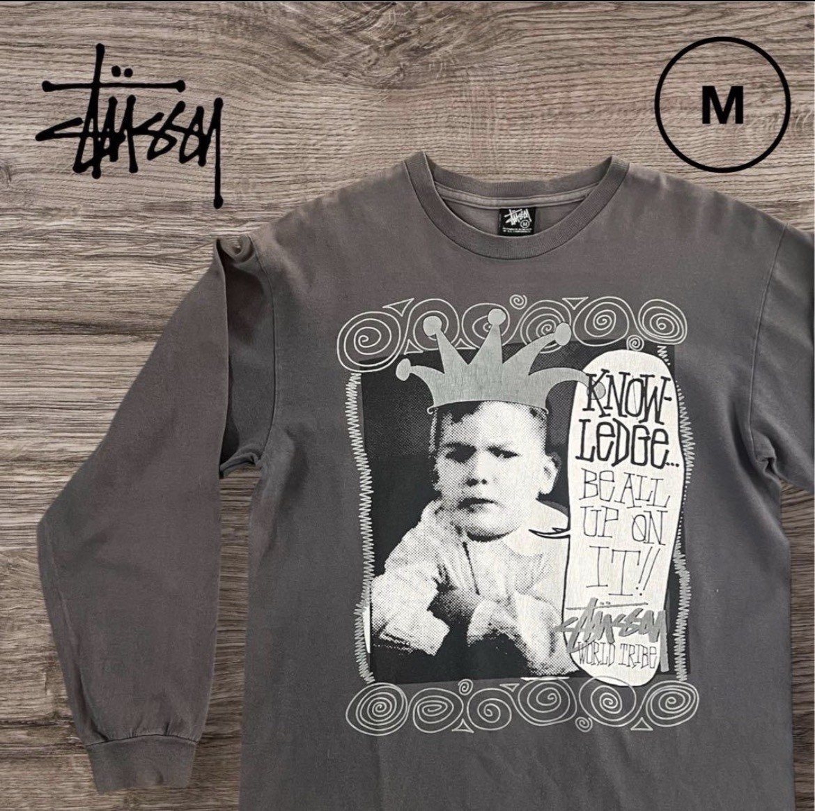 Stussy World Tribe Long Sleeve Tee M Gray Fade 00s Photo Graphic