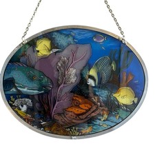 VTG Glass Seascape Suncatcher Oval Hanging Chain Beach Ocean Coastal Nautical